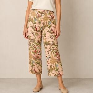Vintage Christie & Jill Asian Print Crop Pants 6P Pink Stretch Cotton Sateen